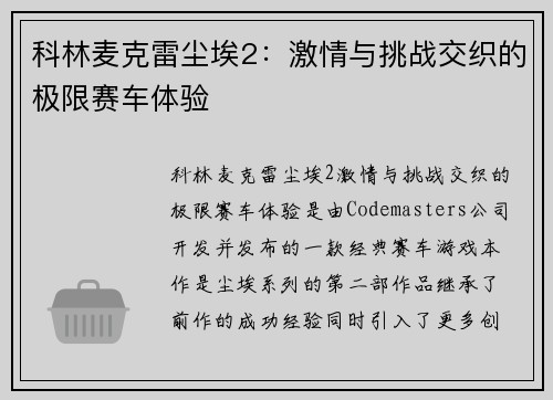 科林麦克雷尘埃2：激情与挑战交织的极限赛车体验